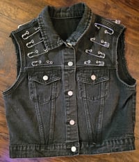 Image 1 of Black denim safety pin battle vest custom ooak piece