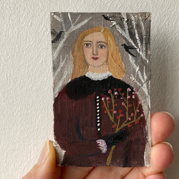 Image of Portrait of a fair woman by silvery trees - tiny painting 