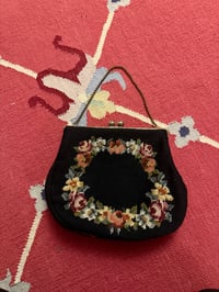 Image 3 of MADE IN DETROIT medium 1950s heirloom wreath needlepoint purse in midnight 