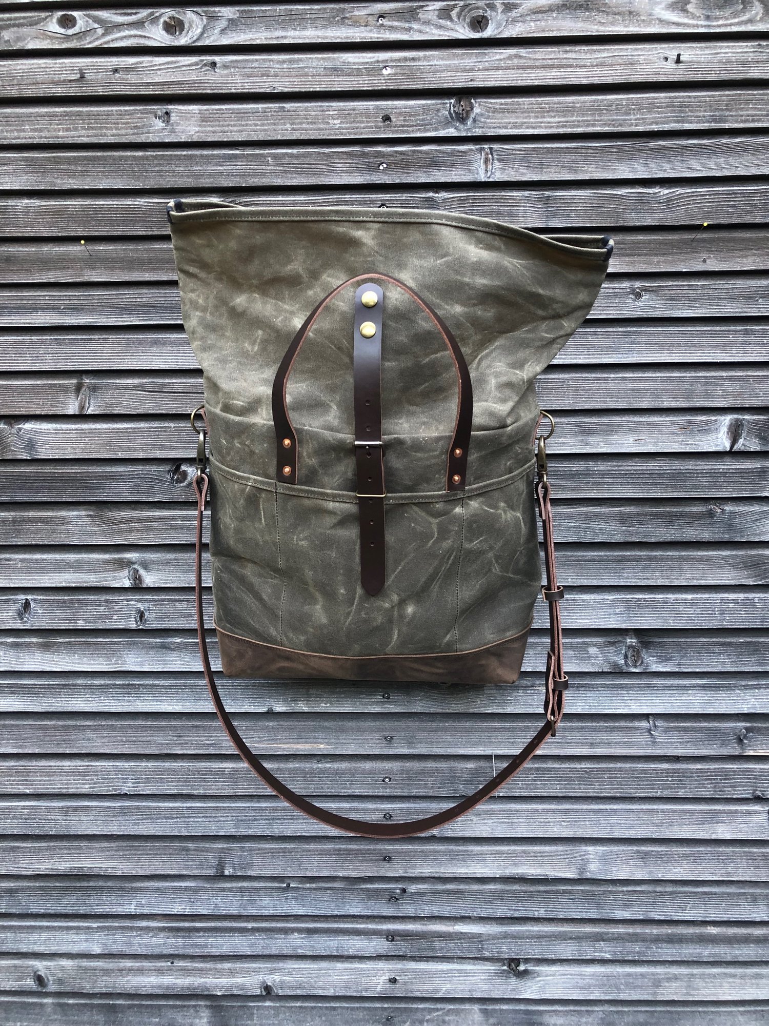 Image of Waxed canvas roll top tote bag / office bag with luggage handle attachment leather handles and shoul