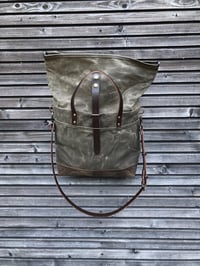 Image 13 of Waxed canvas roll top tote bag / office bag with luggage handle attachment leather handles and shoul