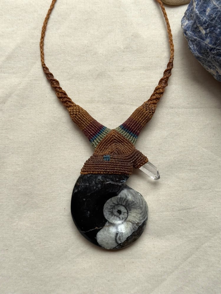 Image of Macrame necklace with goniatite (ammonide) fossil and clear quartz point