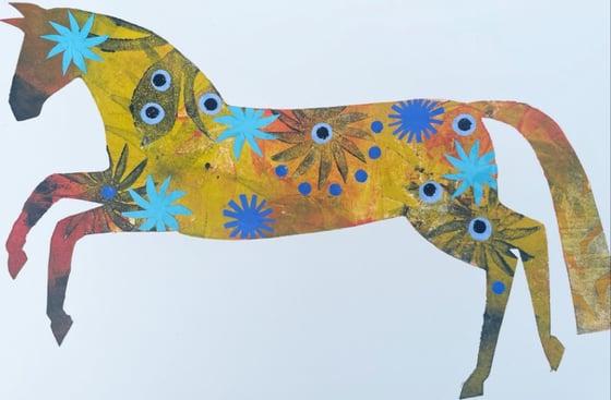 Image of Yellow mono printed and collaged horse print