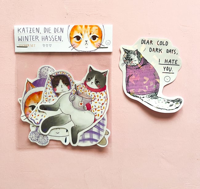 Winterkatzen Sticker Set – Vinyl Sticker mit holographischer Glitzerfolie