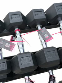 Image 4 of New pair of 5,10,15,20,25,30,35,40,45lb rubber dumbbells + rack.