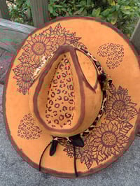 Image 2 of "Leopard Heart Prints and Sunflower" Hand-burned Wide Brim Hat
