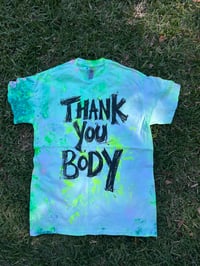 Image 2 of Green tie dye multi colour T shirt with deep green text (medium)