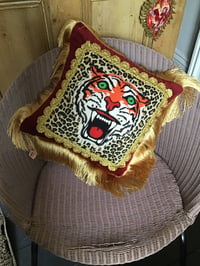 Image 4 of Red Velvet Leopard Tiger Patch Fringed Cushion Cover