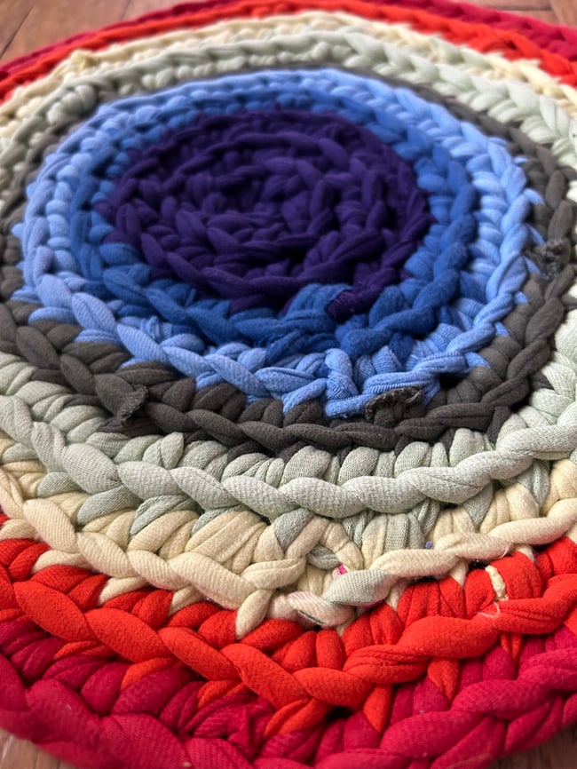 rainbow t-shirt yarn crochet mini round rug, 13” diameter