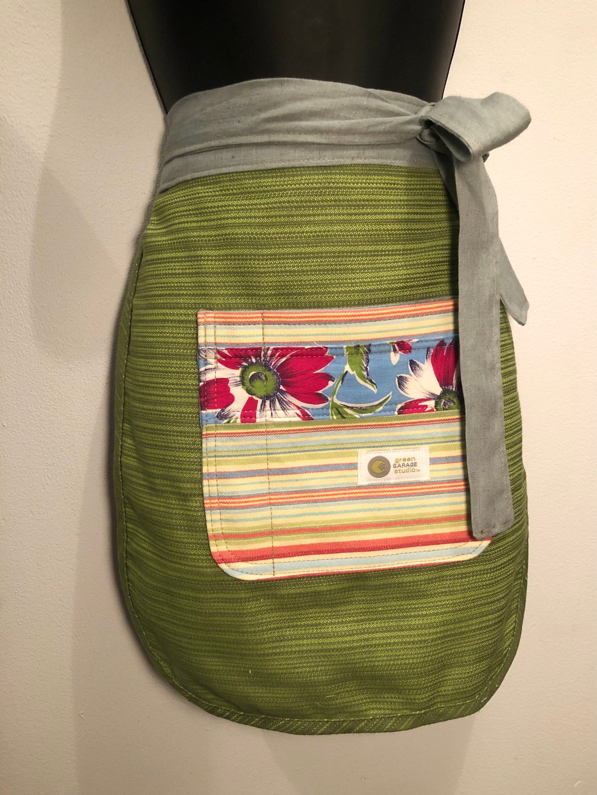 Happy Host Apron | Vintage Couture| Vintage Blue & Red Floral Print, StripeTrim w/ Linen Ties 