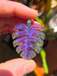 Image 2 of Purple & green crushed opal monstera leaf pendant 