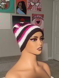 Image 2 of Black/White Fitted Crochet Beanie (Hot Pink Color Pop)