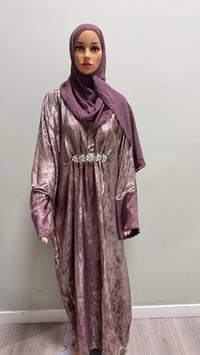 Image 8 of Korean shimmer fabric Puff sleeves butterfly Abaya sparkling magenta comes with a matching scarf 