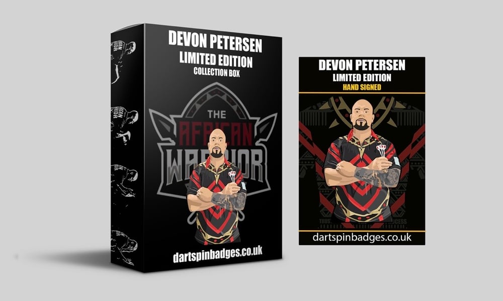 Devon Petersen Limited Edition Collection box & signed pin badge 