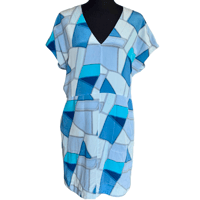 Image 2 of Armani Exchange Mulberry Silk Blue Geometric V Neck Dress - Size Small