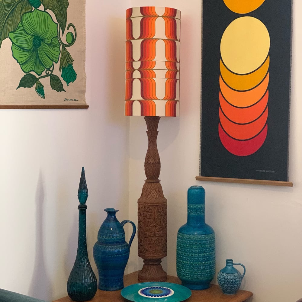 Image of Huge Mid Century Tiki style carved solid teak lamp w/ custom Vintage Groove shade