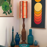 Image 1 of Huge Mid Century Tiki style carved solid teak lamp w/ custom Vintage Groove shade