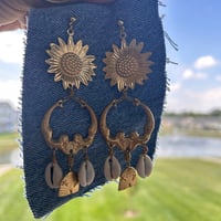 Image 3 of Nectar// Brass Sunflower Mermaid Cowrie Earrings