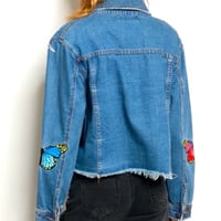 Image 2 of SIGNATURE8 floral and butterfly patch crop denim blue jean jacket