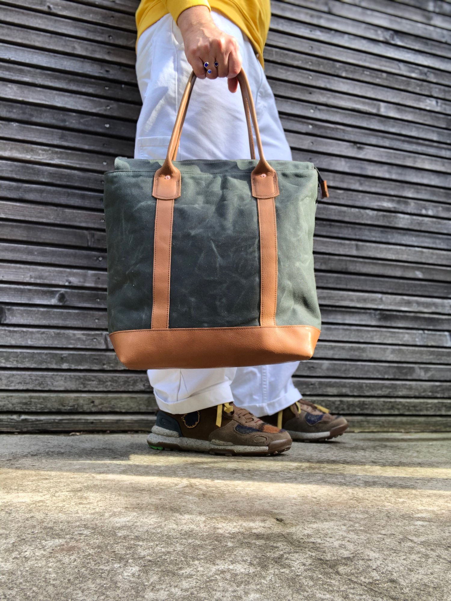 Image of Large tote bag, carryall with leather base and handles collection Unisex