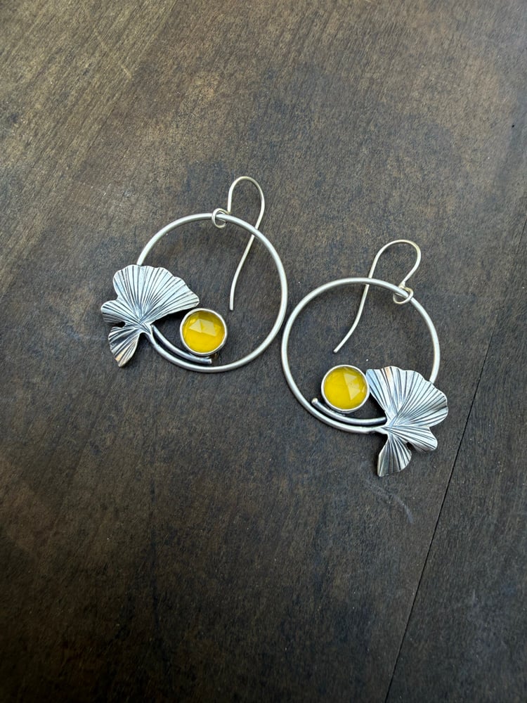 Image of Ginkgo Hoop Earrings with Canary Yellow Chalcedony