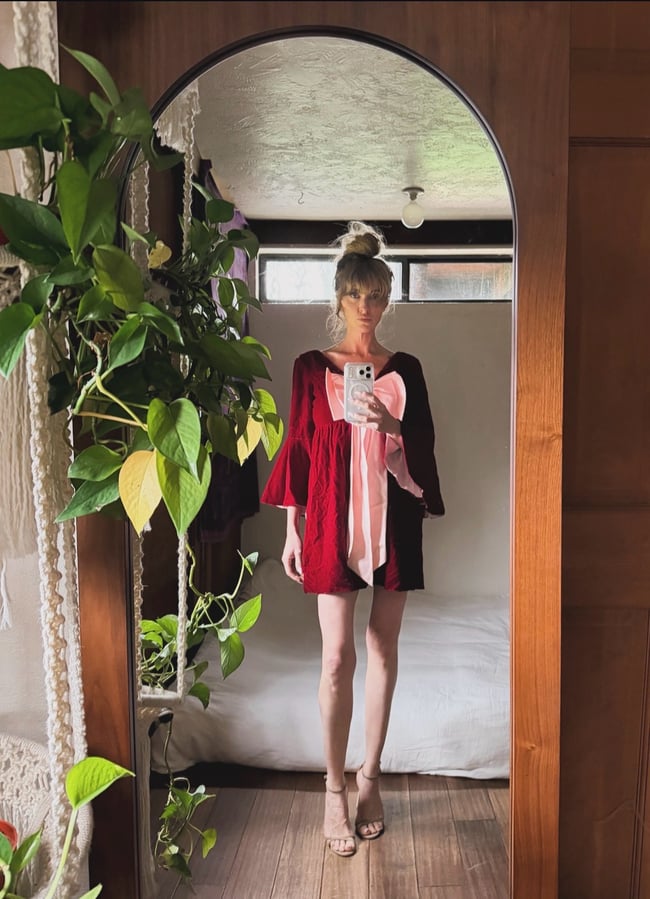 late 1960s jeweltone ruby velvet and satin trumpet sleeve mini dress with huge bow