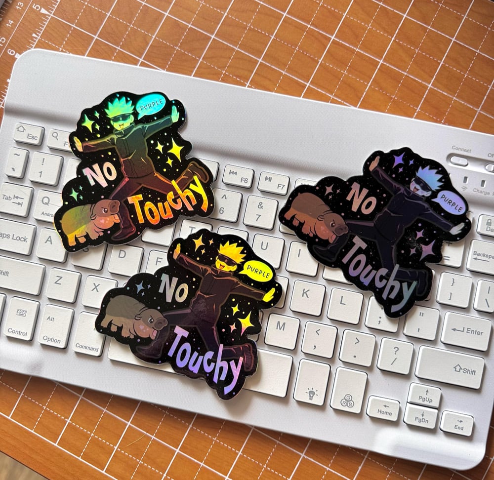 Image of 'No Touchy' Gojo / Moo Deng Holo Sticker