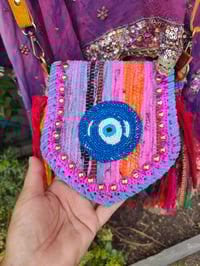 Image 3 of FRILL MINI body cross Sari bag with ruffles - detachable strap wear on waist too evil eye protection