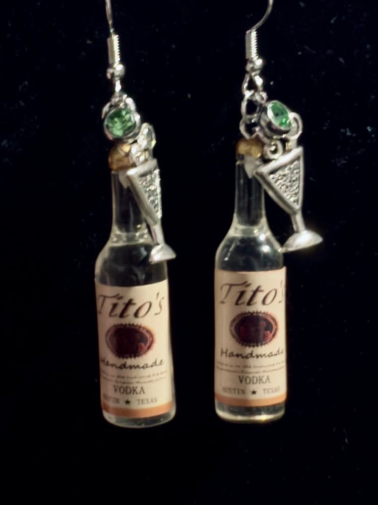 Image of Vodka Tito’s & Smirnoff mini bottle dangle earrings 