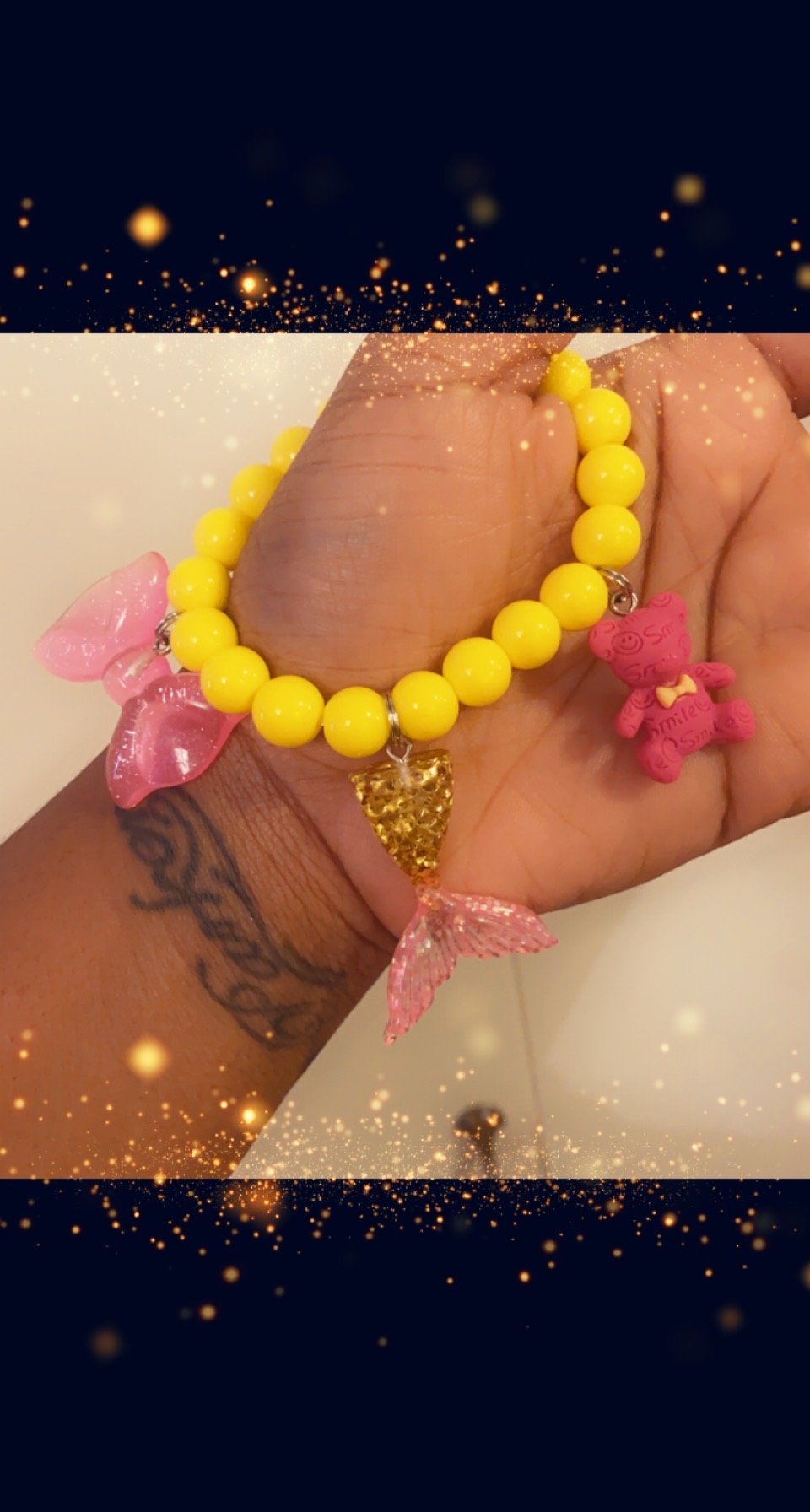 Image of Yellow/pink mermaid teddy bear beaded bracelet 