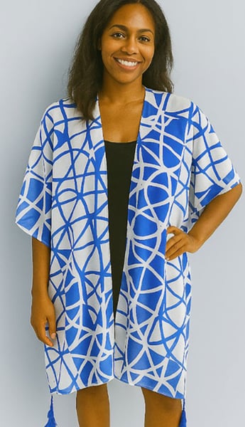 Image of Bold Geometric Pattern Tassel Detail Open Front Kimono Poncho