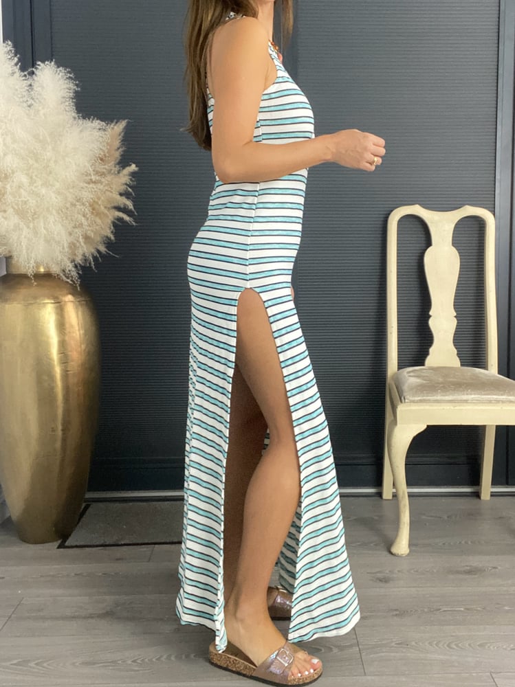 Image of High Split Fit & Flare Maxi Dress In Stripe Knit