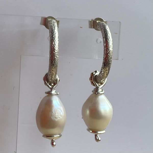 Image of Pearl drop half hoop earrings and 