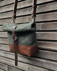 Image 1 of Forest green waxed canvas day bag with leather bottom