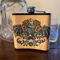 Image 2 of Skeleton Bat Flask Traditional Tattoo Art 6 Oz