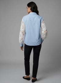 Image 2 of Pinstripe & Lace Sleeve Button-Up Blouse