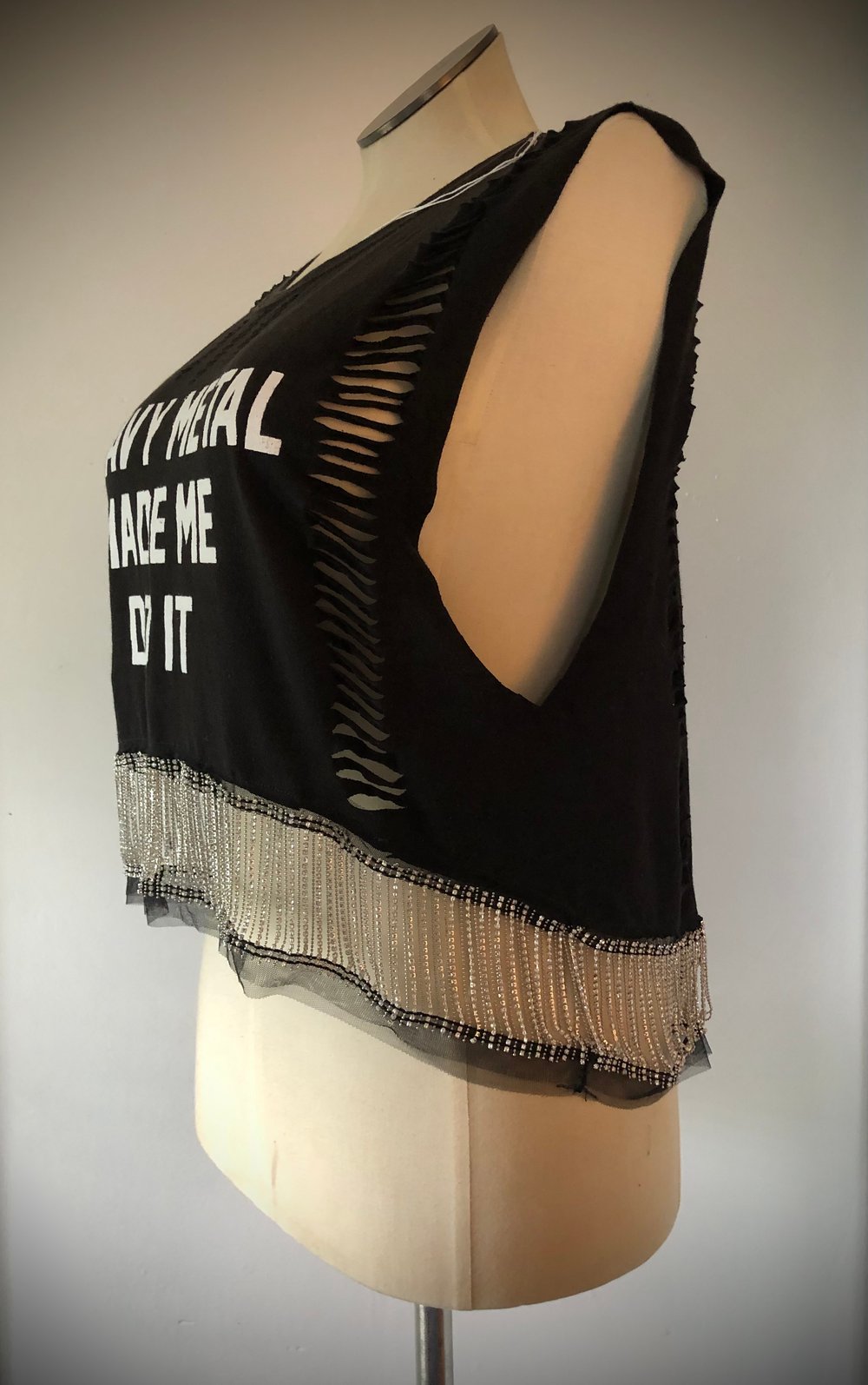 Upcycled “Heavy Metal Made Me Do It” rhinestone fringe tee