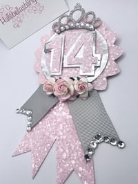 Image 3 of Birthday Badge birthday rosette in baby pink and silver 