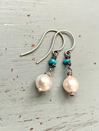 Image 1 of Akoya pearl and Egyptian turquoise earrings