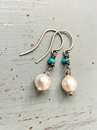 Image 2 of Akoya pearl and Egyptian turquoise earrings