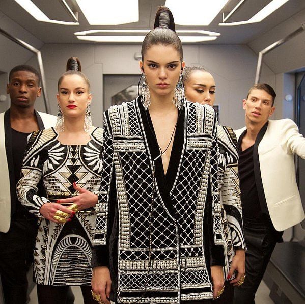 Image of BALMAIN x HM BLACK VELVET EMBELLISHED BLAZER DRESS (US 10/EU 40)