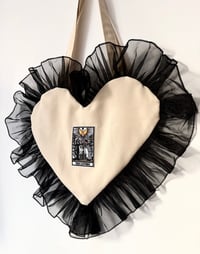Image 1 of 🤍 Lovers Tarot Heart Tote – Cream & Black Ruffle  Bag 