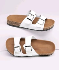 Image 1 of Women Open Toe Double Buckle Band Footbed Slide Sandals