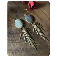 Image 4 of Mismatched Green and Grey Agate Solid Brass Fringe Earrings 