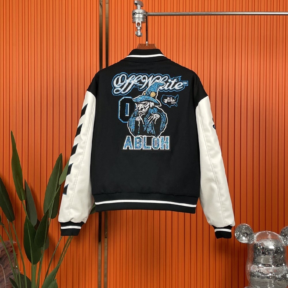 Image of OW - Off White OW 22FW Wizard Varsity Jacket Men Women Black