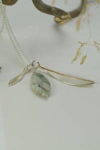 Image 2 of Moss agate and recycled sterling silver olive leaves necklace.  Olivo collection.