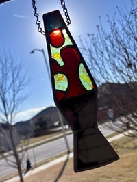 Image 3 of Stained Glass Lava Lamp Suncatcher - Deep Red & Mint Confetti Glass Retro Handmade Art