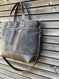 Image 4 of Tote bag in grey brown waxed canvas with leather bottom and cross body strap