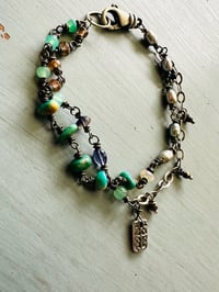 Image 8 of double strand turquoise pearl and opal charm bracelet