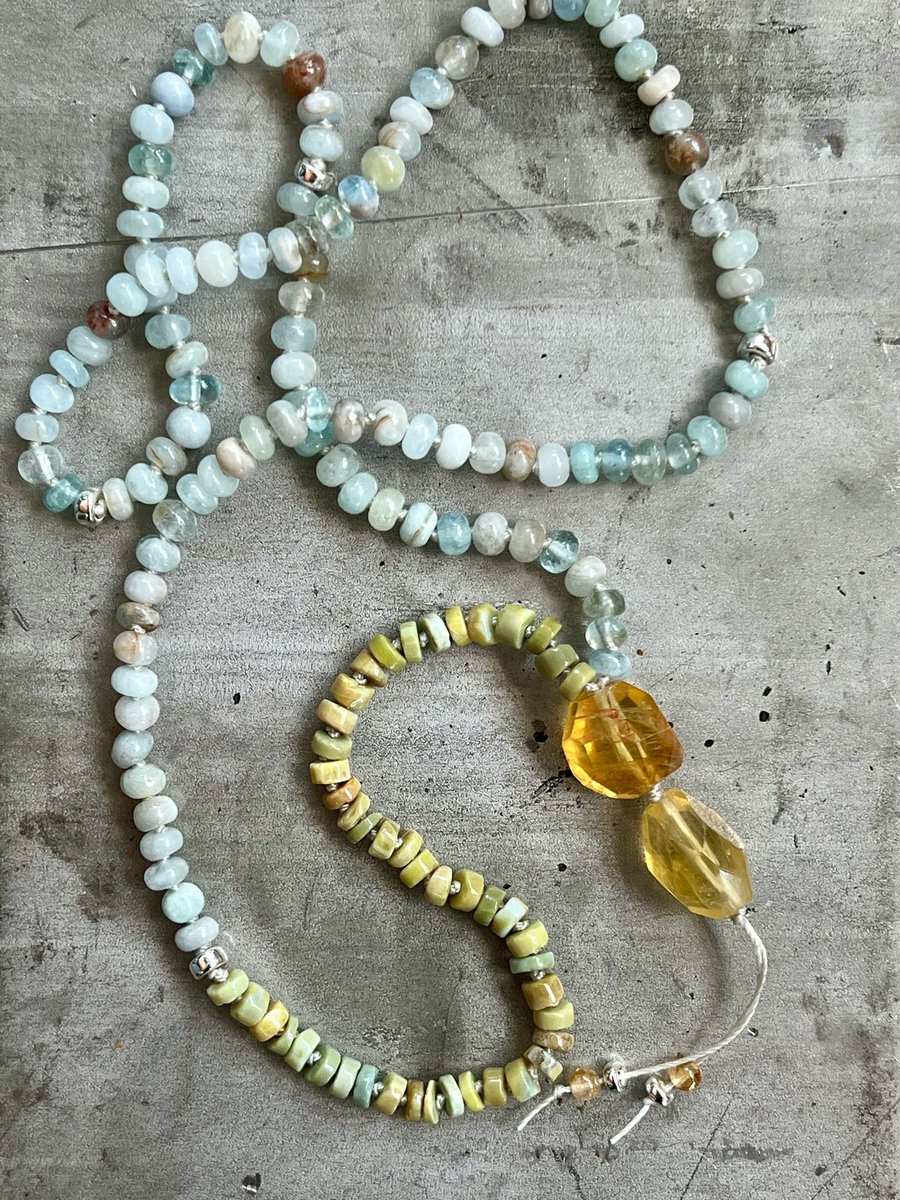 Image of Aquamarine, Rutilated Quartz, & Green Opal Beaded Necklace